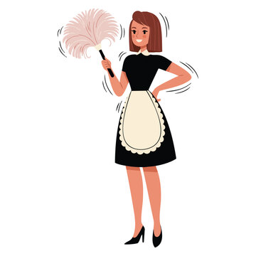 Cleaning service woman wearing black uniform and white apron vector isolated with beautiful maid in classic french costume design