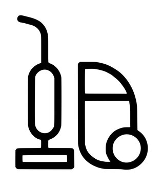 Minimalist vector icon of a canister vacuum cleaner with tall handle, rounded motor body, and single round wheel in clean hand-traced outline style