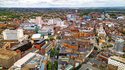 Fototapeta premium Wide drone vista over Nottingham city center towards Council House