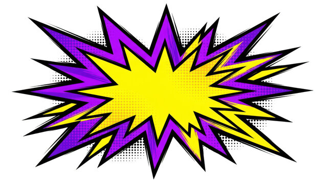 Purple and yellow comic book explosion speech bubble vector isolated on transparent background