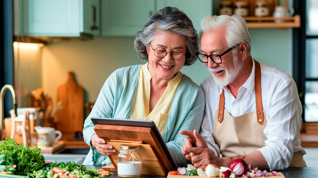 Senior couple using a tablet while cooking together in a modern kitchen, following an online recipe and preparing fresh healthy food at home
