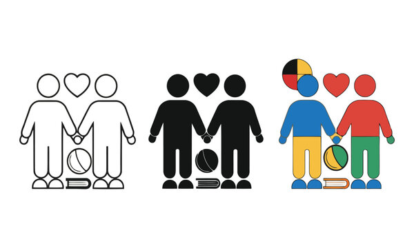 Two friends holding hands concept represented in outline silhouette and color vector icons.