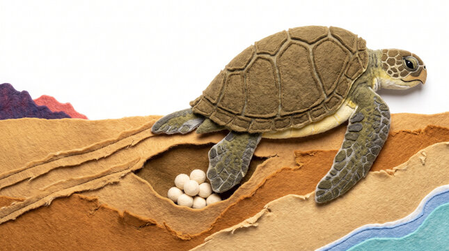Sea turtle nesting and laying eggs on sandy beach  