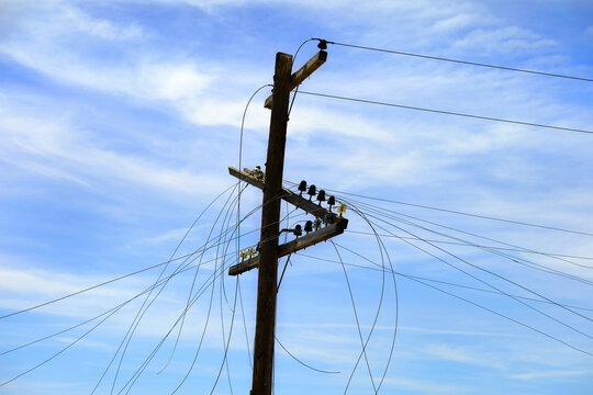 Broken Power Lines Cables Falling from Power Pole with Blue Sky and Clouds in Background Emergency Power Outage or Bad Phone Lines