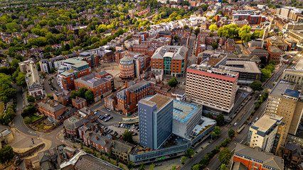 Obraz premium Aerial view focusing on Nottingham Council House and Market Square area