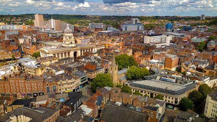 Fototapeta premium Top down aerial shot of hexagonal office building in Nottingham