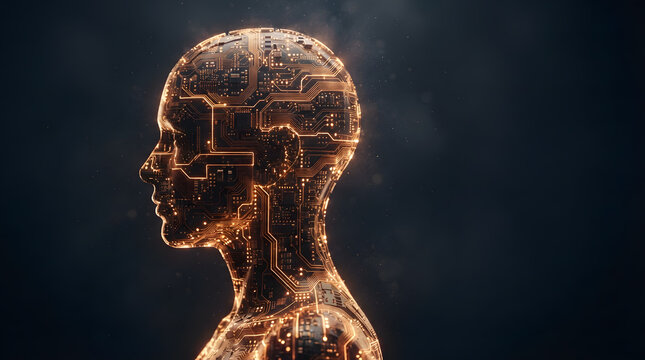 Futuristic cyborg human head silhouette made of glowing circuits and digital technology