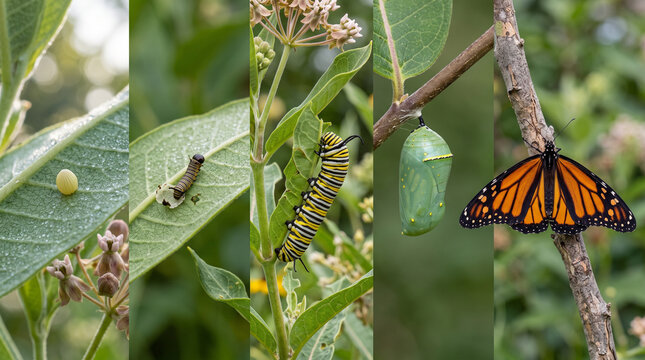 Butterfly life cycle stages from egg to adult in natural setting  