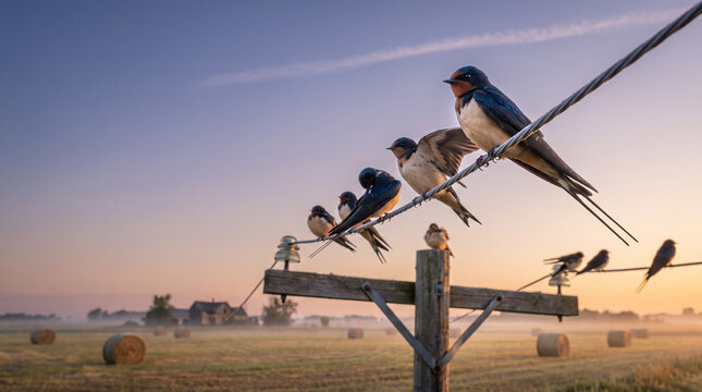 Swallows perched on power lines at sunrise in rural farmland  