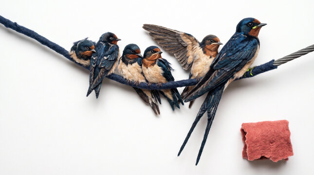 Swallows perched on a rope with one bird in flight  