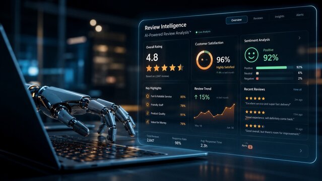 Robotic hand interacts with a digital dashboard displaying advanced artificial intelligence metrics for automated review analysis and business data insights.