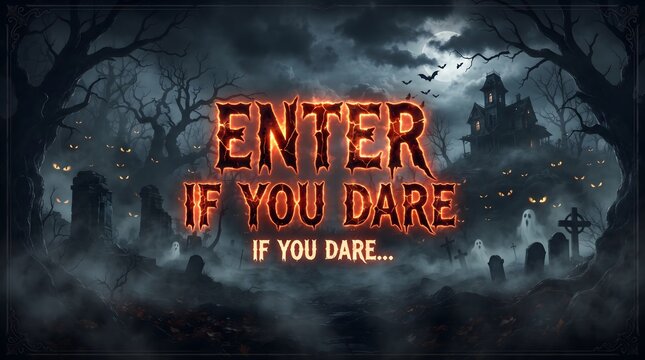 Spooky halloween background featuring enter if you dare text sign