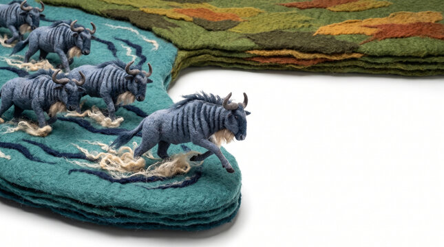 Wildebeests crossing river on felt landscape art piece  
