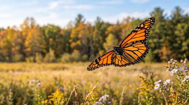 Monarch butterfly flying over a field during autumn  