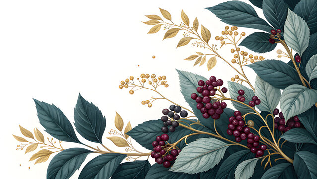 Sophisticated dark botanical corner with midnight-green foliage, black-green leaves, deep burgundy berries and subtle antique-gold accents, moody luxury aesthetic, pure white background, all elements 