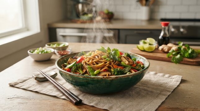 Steaming Noodles in Rustic Bowl: A vibrant bowl of savory noodles, brimming with fresh vegetables and herbs, sits invitingly on a textured mat, emitting a delicate steam. Freshly prepared.