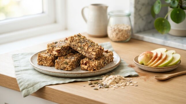 Homemade Granola Bars with Fresh Apple Slices: A delightful spread of healthy, homemade granola bars, brimming with oats, nuts, and seeds, served alongside fresh apple slices.