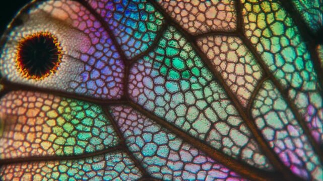 Macro View of Rainbow Insect Wing Structure with Detailed Veins and Cell Patterns