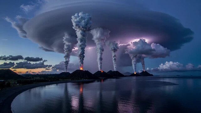 Erupting volcanoes sending ash and lava at dusk bay, ash charging anvil cloud, lightning building
