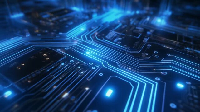 Abstract Digital Circuit Board with Blue Neon Glowing Lines, Technology Concept