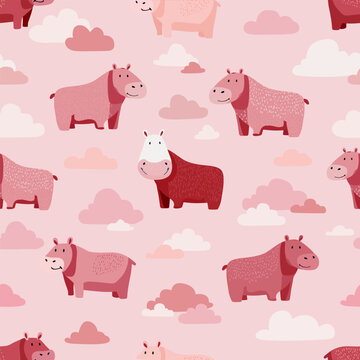 Vector pink color seamless pattern with cute hippos on cream field background