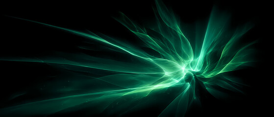 Fototapeta premium Emerald green light streams converge into a brilliant glowing core, forming luminous smoky waves, branching neon filaments and sweeping ethereal energy trails across a deep black background