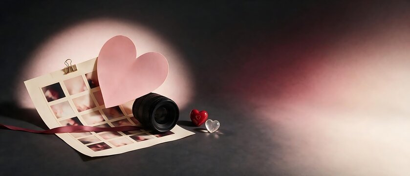 Vintage Valentine's Day banner with camera lens and heart decorations