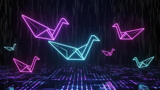 Neon Origami Cranes Flying in Digital Rain, Futuristic Abstract Background