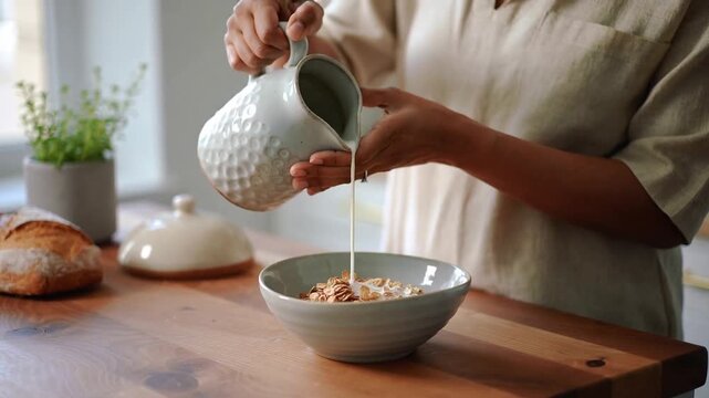 Pouring woman in blouse tilting pitcher over cereal bowl at home counter, making breakfast