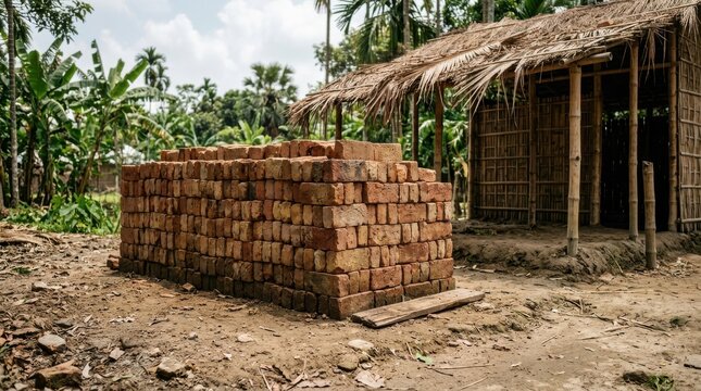 A large stack of red clay bricks piled up in a rural village setting near a traditional bamboo and thatched roof hut