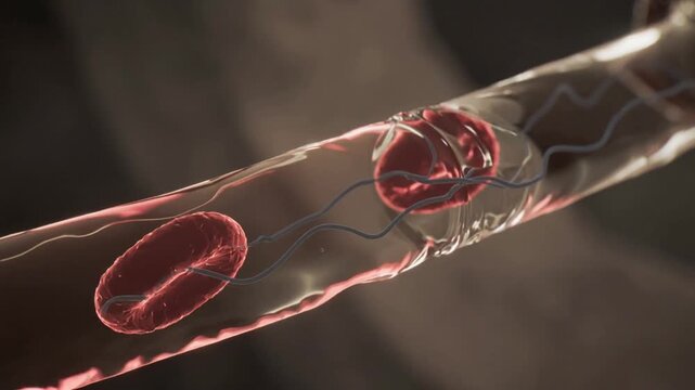 Traveling red cells flowing through narrow lumen, filaments from wall wrapping and binding cells