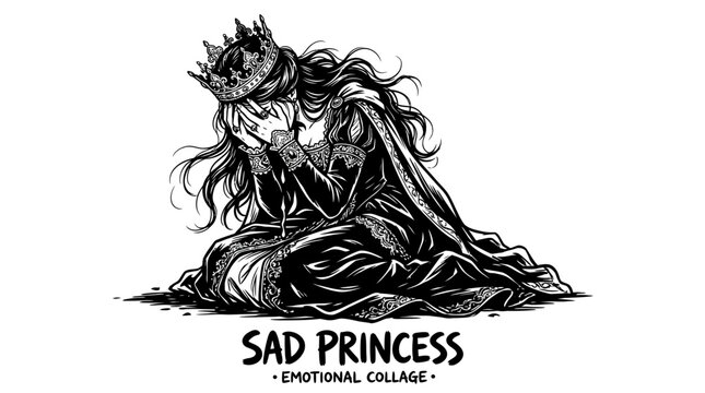 Very beautiful black and white realistic vector illustration of a sad princess hiding her face with a crown and tear, SAD PRINCESS &bull; EMOTIONAL COLLAGE, expressive pose and dramatic linework, isolated 