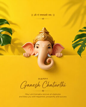 Ganesh Chaturthi creative social media post with Lord Ganesha idol on yellow background