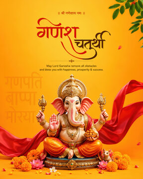Ganesh Chaturthi Creative Social Media Post with Lord Ganesha Idol and Marigold Flowers