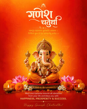 Ganesh Chaturthi social media post creative with Lord Ganesha idol and marigold flowers