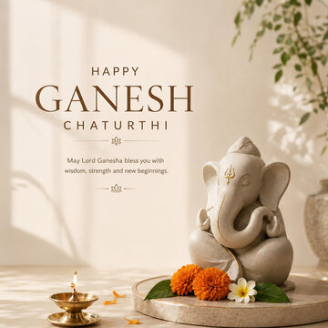 Creative Ganesh Chaturthi social media post with Lord Ganesha idol and diya lamp
