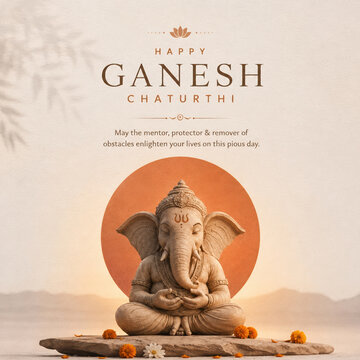 Creative Ganesh Chaturthi social media post with Lord Ganesha statue and festive background