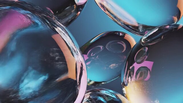 Abstract 3D rendering of transparent liquid glass orbs and organic shapes with pink, orange, and blue gradient reflections on a dark blue background with refractive details.