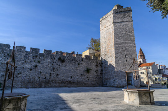 Medieval city walls and the Captain's Tower at Five Wells Square, Zadar, Croatia