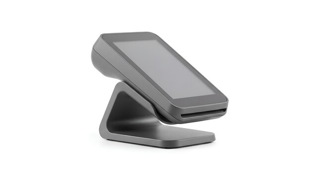 Modern contactless payment terminal on a stand.