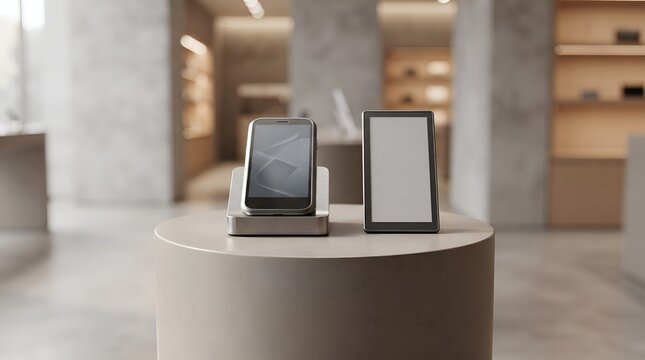 Modern Point of Sale Terminal and Display Sign in Boutique Store.