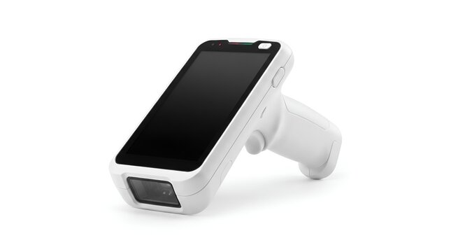 Modern white handheld barcode scanner and data terminal device.