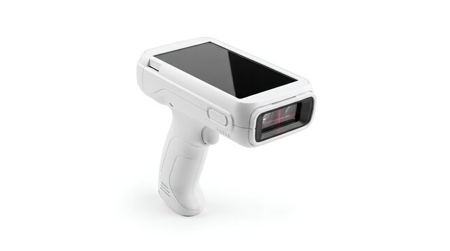 Modern White Handheld Barcode Scanner with Display Screen.