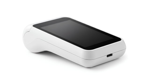 Modern White Portable POS Payment Terminal with Touchscreen Isolated on White Background.