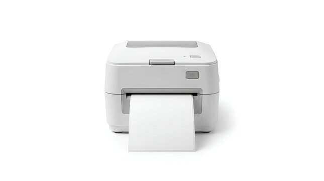 Modern white thermal label printer for business logistics.