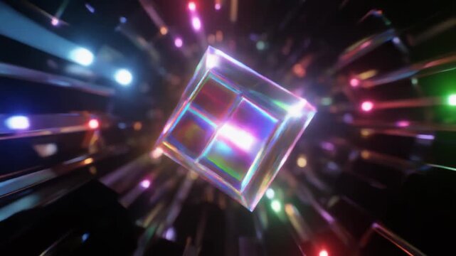 A glowing neon cube with vibrant lights in an abstract digital space, evoking futuristic technology.