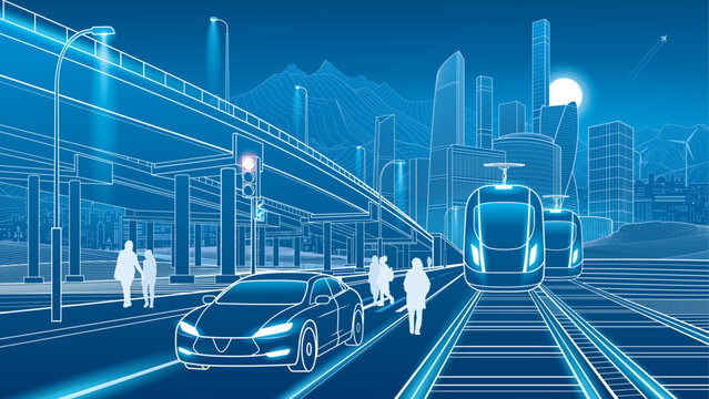 Futuristic smart city with high speed trains, modern car, pedestrians, elevated highway and urban infrastructure. Blue technology vector illustration of future transportation
