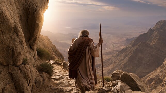 Moses descending Mount Sinai with the stone tablets after meeting with God in the wilderness.