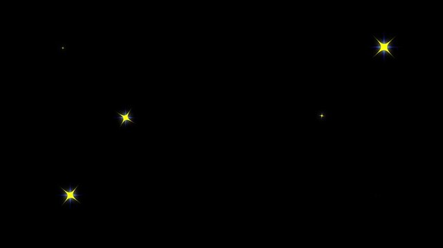 Fairy golden and blue twinkle stars animation with sparkling light flare particles, abstract magical shimmer dust loop, cinematic starry sky overlay on black background 4k.