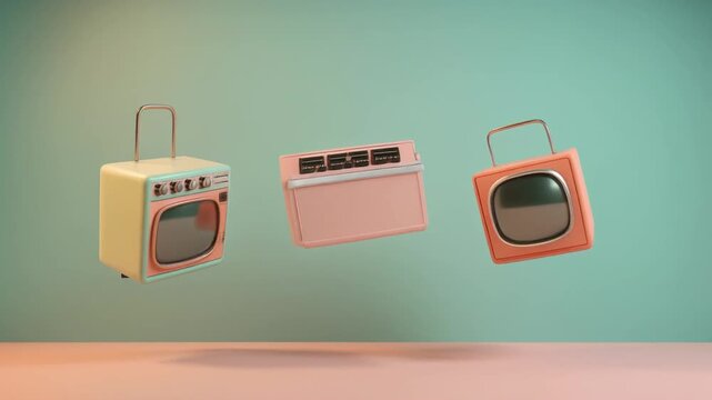 Three Vintage Televisions Suspended in Mid-Air Against a Soft Teal Background